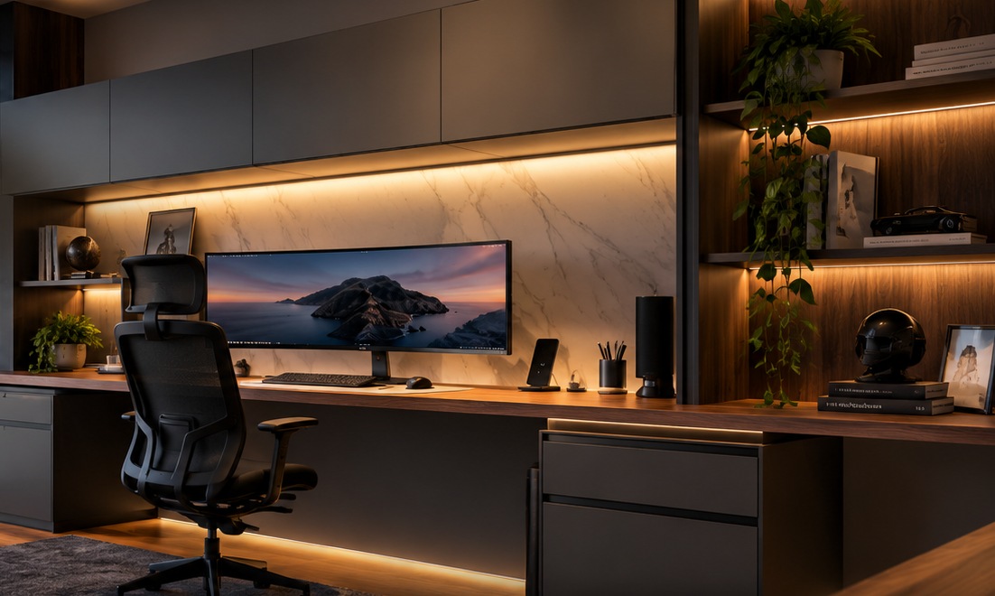 Home office contemporâneo com tampo amadeirado, marcenaria grafite e iluminação arquitetural quente